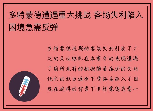 多特蒙德遭遇重大挑战 客场失利陷入困境急需反弹