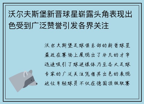 沃尔夫斯堡新晋球星崭露头角表现出色受到广泛赞誉引发各界关注