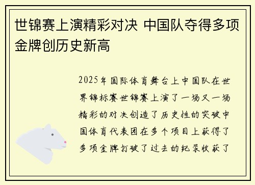 世锦赛上演精彩对决 中国队夺得多项金牌创历史新高