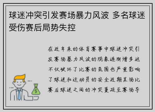 球迷冲突引发赛场暴力风波 多名球迷受伤赛后局势失控