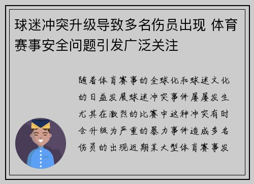 球迷冲突升级导致多名伤员出现 体育赛事安全问题引发广泛关注