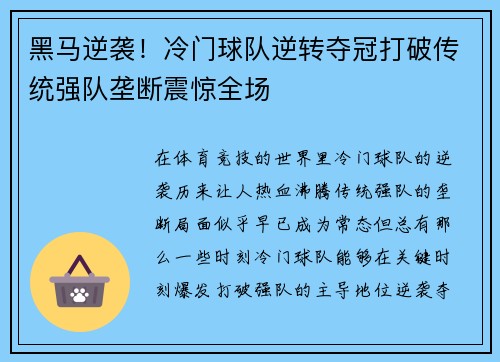 黑马逆袭！冷门球队逆转夺冠打破传统强队垄断震惊全场